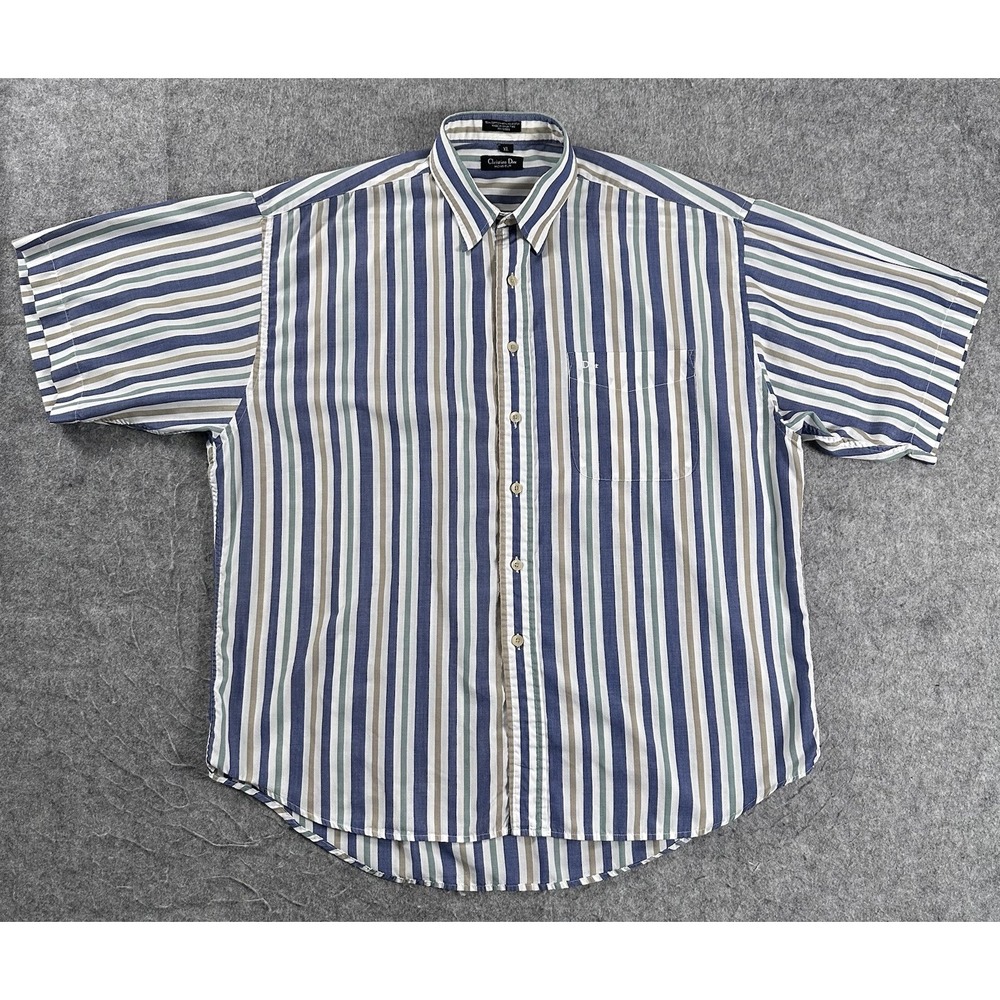 Vintage Christian Dior Monsieur Mens XL Short Sleeve Striped Button Down Shirt